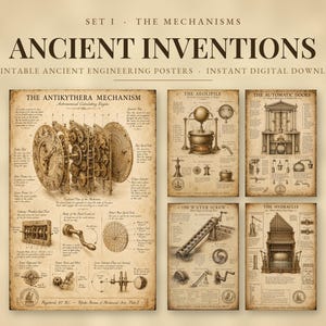 Ancient Inventions Print Set of 5, Antikythera Mechanism Poster, Vintage Engineering Diagram Wall Art, Greek Technology, Digital Download