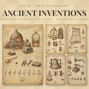 Può includere: Un set di cinque poster stampabili intitolati Ancient Inventions, Set VI Daily Life & Craft. I poster presentano illustrazioni tecniche color seppia di ingegneria storica, tra cui The Glass Furnace, The Potter's Wheel, The Loom, The Mill e The Mint.