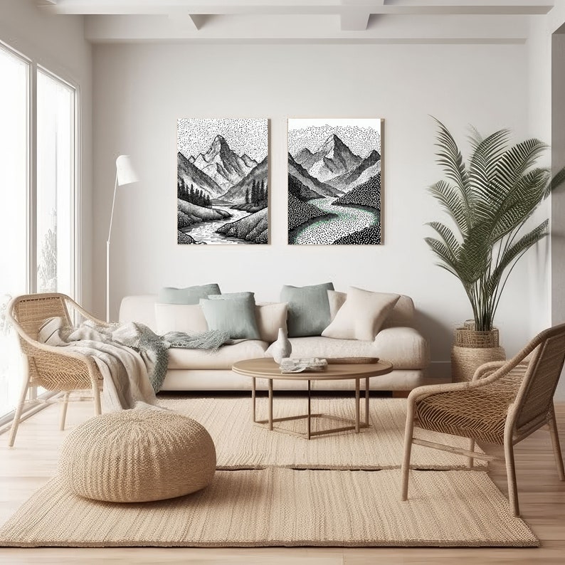 4 Pointillism Digital Painting Black and White Pointillism Wall Art