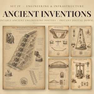 May include: A set of five printable posters titled Ancient Inventions: Engineering & Infrastructure. The posters feature detailed sepia-toned technical illustrations of historical machines including a watermill, aqueduct, polyspaston, tunnel, and screw press.