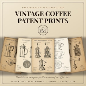Vintage Coffee Patent Prints Set of 5 | Espresso, Moka Pot, French Press Wall Art | Coffee Bar Decor | Printable Digital Download