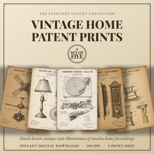 May include: A set of five vintage-style patent prints featuring technical illustrations of a ceiling fan, electric lamp, phonograph turntable, grandfather clock, and rocking chair. The prints are beige with black text and line drawings.