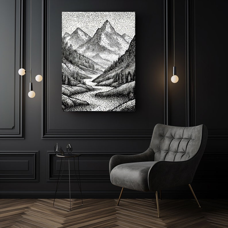 4 Pointillism Digital Painting Black and White Pointillism Wall Art