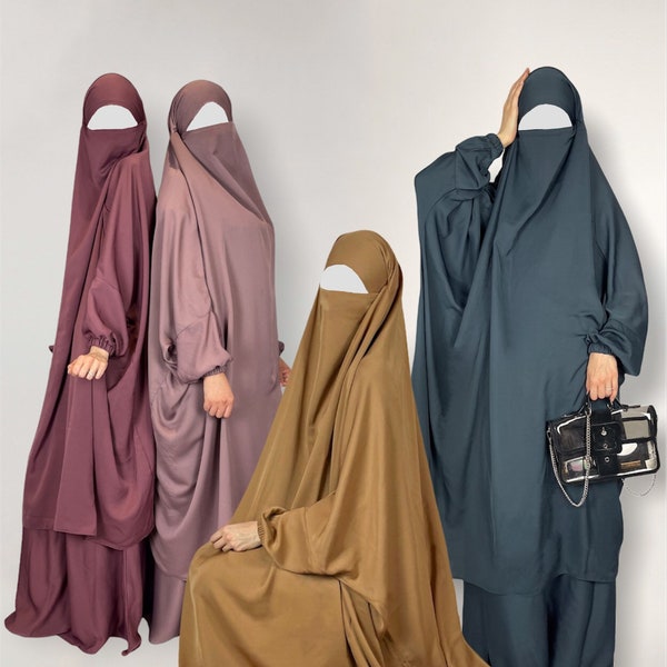 Two piece Luxury Nidha Nida Jilbab khimar overhead abaya prayer dress in the UK with pockets