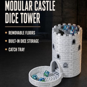 Stone Castle Dice Tower with Storage | Modular DND Dice Case, Tabletop, Marble Look, Portable