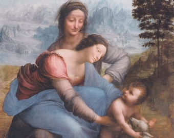 Puede incluir: Una pintura de una mujer sosteniendo a un niño que sostiene un cordero. La mujer lleva un vestido azul y una chal roja. El niño está desnudo y tiene una expresión suave. El fondo es un paisaje con montañas y un árbol.