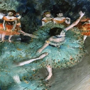 May include: A painting of a ballerina in a green tutu, with other dancers in the background. The ballerina is in mid-air, with her leg extended and her arms outstretched. The painting is done in a pastel style, with soft colors and brushstrokes.