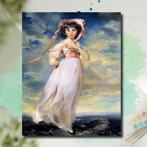 May include: A framed painting of a woman in a white dress and pink hat, set against a cloudy sky. The artwork features soft brushstrokes and a classical style, with the woman's pose and attire suggesting a historical period.