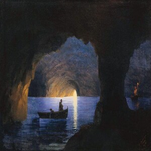 May include: An oil painting depicts a dark cave with a bright opening to the sea. A small boat with two figures floats on the water. Another boat with a torch is in the distance. The scene is illuminated by sunlight.