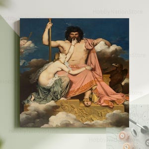 May include: A classical painting showing a bearded, muscular figure seated and holding a staff. A woman kneels beside him, with an eagle nearby. The figures are draped in fabric, set against a cloudy sky.
