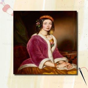 May include: A portrait of a woman in a magenta velvet coat with white fur trim. She wears a gold necklace, bracelet, and a jeweled headband. A rose adorns her hair and coat. The background is a warm, dark brown.