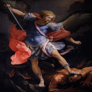 May include: An oil painting depicting a winged figure in blue armour and a flowing red cloak, holding a sword aloft whilst standing over a dark, muscular figure. The winged figure has light hair and wears sandals, with large dark wings spread wide.