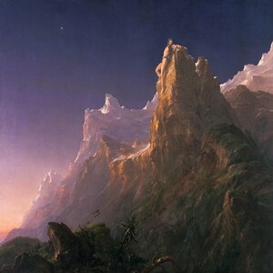 May include: A painting depicting a mountain range under a dark blue sky with a single star. Two figures are positioned on a rocky peak, illuminated by sunlight. The artwork conveys a sense of awe and majesty.