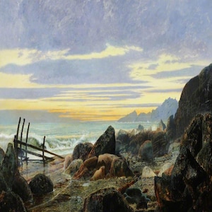 May include: An oil painting of a coastal scene with a wooden fence partially in the water. The foreground shows large, dark rocks and a rocky beach. The sky is cloudy, and the ocean waves are crashing. The painting captures a serene, natural landscape.