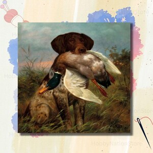 May include: A painting in a vintage style shows a brown dog holding a duck in its mouth, set against a backdrop of tall grass and a muted sky. The dog's fur is detailed, and the duck's feathers show shades of brown, white, and green.