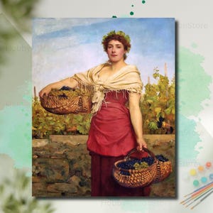 Può includere: Dipinto di una donna in abito rosso e scialle, con due cesti di uva. Indossa una corona di foglie e si trova in un vigneto. L'opera d'arte ha uno stile classico con attenzione al colore e alla luce.