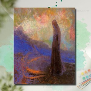 May include: An abstract painting with a figure in a long brown robe. The background features a blend of colors, including blue, orange, and yellow. The artwork has a textured appearance, suggesting the use of brushstrokes.