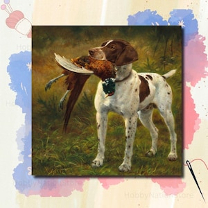 May include: A painting depicting a hunting dog with brown and white markings, carrying a pheasant. The dog stands in a grassy area with a blurred background. The pheasant has brown and orange plumage. The artwork is signed in the bottom left corner.
