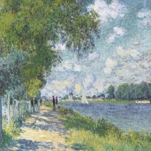 May include: A painting depicting a river scene with a sailboat in the distance. The riverbank is lined with trees and a white fence. People are walking along the path on the riverbank.