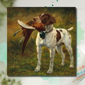 May include: A painting of a Pointer dog with brown and white markings, holding a pheasant in its mouth. The dog stands in a grassy field, with a dark background. The artwork is signed "H. Roth 1918".