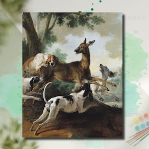 May include: A classical painting shows a deer pursued by dogs in a woodland scene. The deer is brown, and the dogs are white, brown, and black. The artwork has a traditional style, with a focus on the animals and the natural environment.