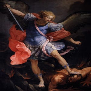 May include: A painting depicting an angel with large wings, a sword, and a chain, standing on a defeated demon. The angel is wearing a blue tunic, a pink sash, and a red cape. The demon is lying on the ground, with its head under the angel's foot.