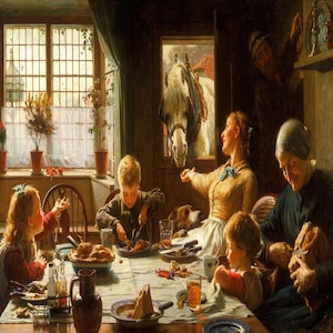 Puede incluir: Una pintura detallada representa a una familia reunida alrededor de una mesa para una comida. Un caballo blanco mira a través de una puerta. La escena está iluminada por la luz natural de una ventana. Un perro y un hombre son visibles en el fondo.