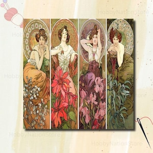 May include: A set of four Art Nouveau style prints featuring women with floral backgrounds. Each panel depicts a woman in a different pose, surrounded by flowers in shades of orange, red, and purple. The artwork has a vintage aesthetic.