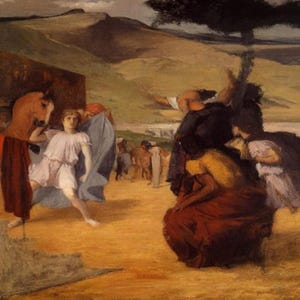 May include: An oil painting depicting a dramatic scene with figures in classical attire. A central figure in white is surrounded by others, with a horse and a group of people in the background. The color palette is dominated by earthy tones.