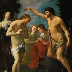 May include: A painting depicting the baptism of Jesus.  A man, likely John the Baptist, pours water from a bowl over the head of Jesus, who stands in a river. Two angels stand behind Jesus, one holding a red cloth and the other with a yellow robe. The painting is set against a cloudy sky with a dove flying above.