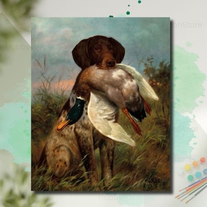 May include: A painting in a vintage style shows a brown and white hunting dog holding a duck. The dog is in long grass, with a natural background. The duck has white and brown feathers. The artwork has a classic, rustic feel, reminiscent of a country scene.