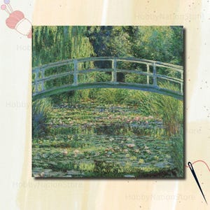 クロスステッチ刺繍針仕事キット 睡蓮の池 クロード・モネ作 ヴィンテージ絵画 アートワーク DIY ハンドクラフト プリントキャンバス