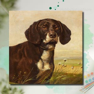 May include: A vintage painting of a brown and white dog with floppy ears and a focused gaze, wearing a gold collar. The background shows a field with wildflowers and a soft, neutral colour palette.
