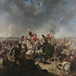 May include: An oil painting depicting a chaotic battle scene. Soldiers in red coats and black hats clash on horseback and on foot. The sky is overcast, and the ground is littered with fallen soldiers and horses. A flag is held high amidst the fray.