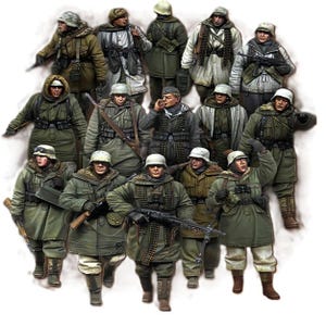 May include: A collection of fifteen miniature soldier figurines dressed in winter military uniforms, including olive green and white parkas, helmets, and tactical gear. Several figures carry rifles or machine guns, while others are posed in various standing positions.