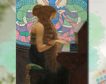 Paint By Numbers Kit Sacred Music By Edward Okun Painting Vintage DIY Draw Woman Piano Artwork