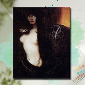 May include: A print of a painting depicting a woman with long, dark hair and pale skin. The woman is partially nude, with a dark cloak around her. The artwork has a classical style with a dark, moody colour palette.