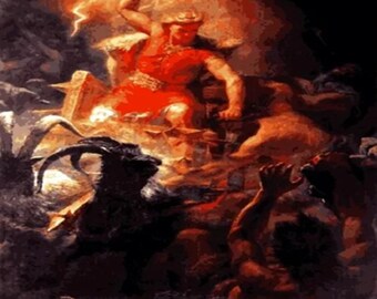 May include: A painting depicting a figure in red clothing wielding a hammer, with a lightning bolt overhead. A black goat and other figures are in the foreground. The artwork has a dramatic, mythological theme.