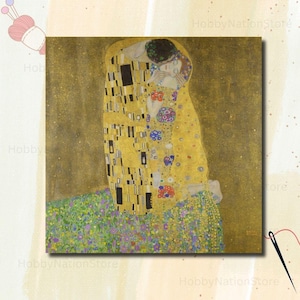 May include: Square print of Gustav Klimt's "The Kiss" depicting a couple embracing. The artwork has a gold background and intricate patterns in yellow, black, and floral designs. The bottom of the print shows a field of flowers.