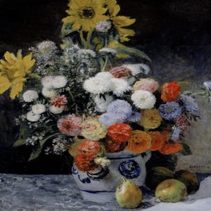 May include: A still life painting of a bouquet of flowers in a blue and white ceramic vase. The flowers include sunflowers, white chrysanthemums, red carnations, and blue and yellow wildflowers. Two green pears are on the table next to the vase.