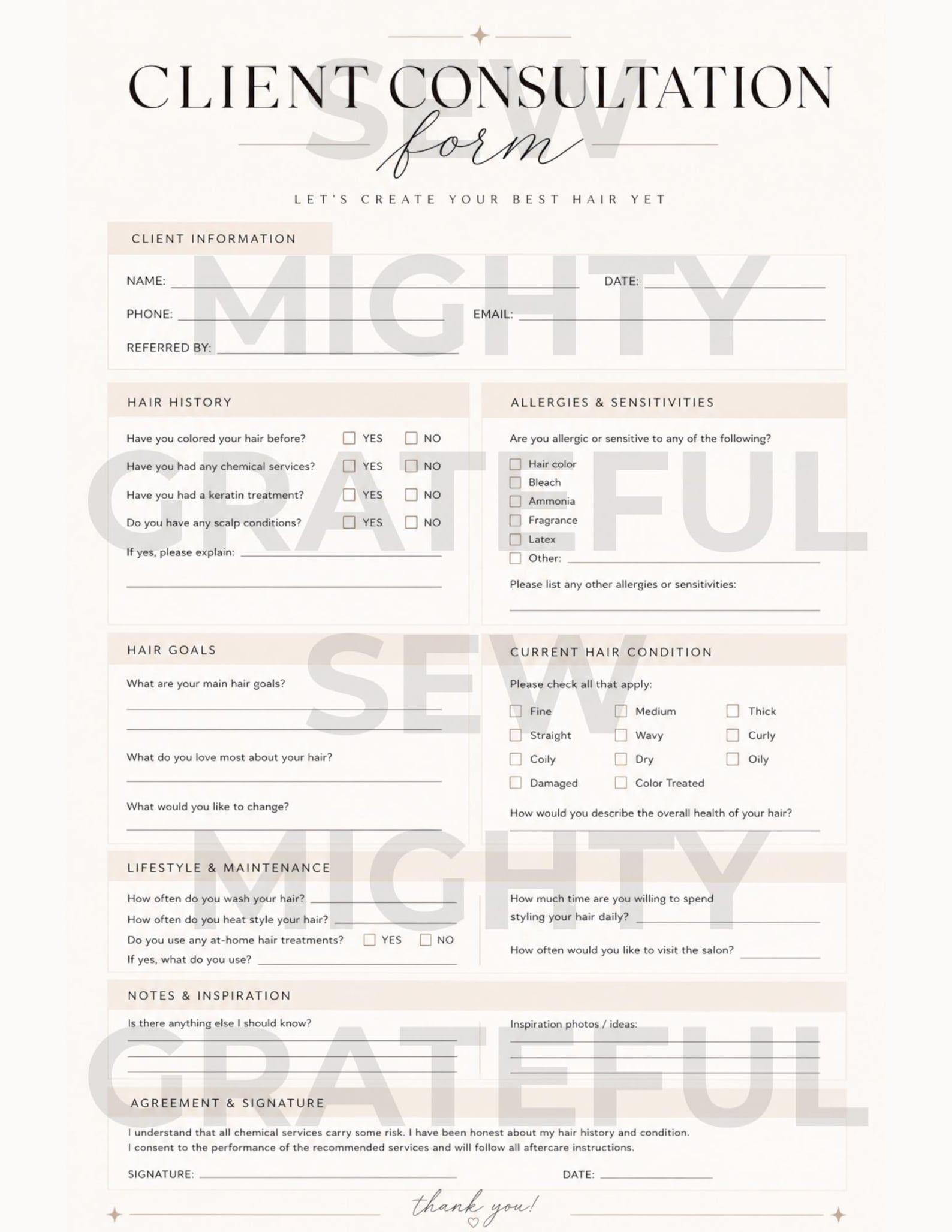 Luxury Hair Stylist Consultation Form Printable | Neutral Salon Intake ...