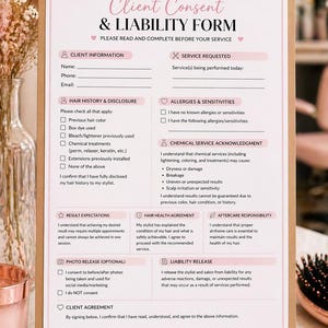May include: A client consent and liability form on a clipboard. The form is pink and white with sections for client information, hair history, allergies, and service acknowledgment. A gold clip secures the pages.