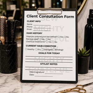 May include: A black clipboard with a "Client Consultation Form" is displayed on a marble surface. The form includes sections for client info, hair history, current hair condition, goals, and stylist notes. Gold scissors and a comb are in the foreground.