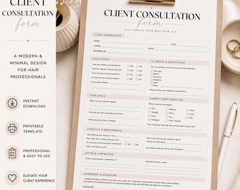 Modulo di consultazione per parrucchiere di lusso stampabile / Modello neutro per anamnesi del salone / Scheda cliente minimalista per cosmetologia / Download immediato