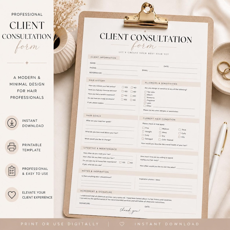 Luxury Hair Stylist Consultation Form Printable | Neutral Salon Intake ...