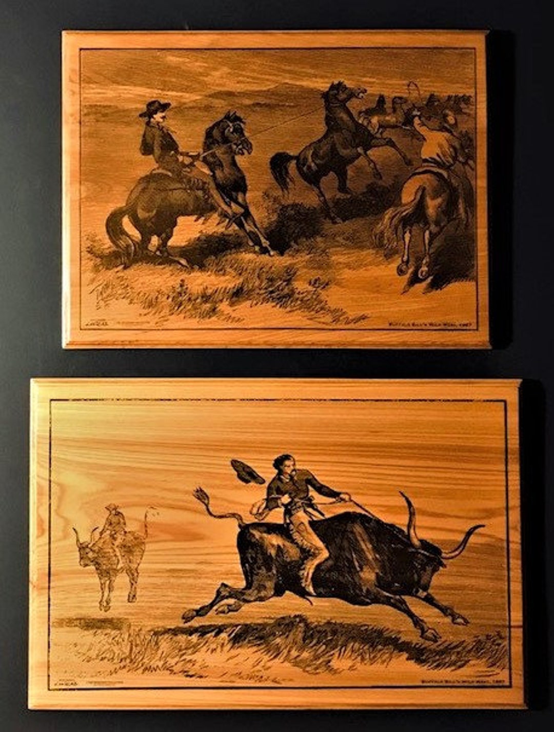 WESTERN Wall Decor on Wood. High Quality HAND-PRINTED Set of Buffalo