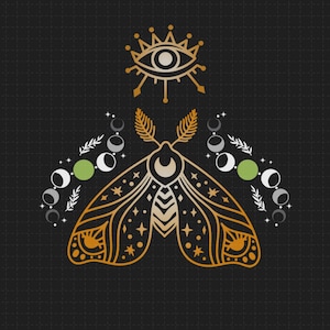May include: A gold and cream-colored moth illustration with celestial elements on a black background. The design includes an eye with a crown, crescent moons, stars, and a geometric pattern. The moth's wings have intricate details.