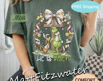 Maglietta pasquale "He Is Risen", maglietta pasquale del Grinch cristiano, maglietta della Resurrezione basata sulla fede, abito pasquale religioso, colori comfort muschio