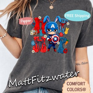 Maglietta pasquale da supereroe Capitan America Coniglio Spiderman Stile Maglietta da eroe pasquale per bambini Buona Pasqua Regalo ispirato alla Marvel immagine 2