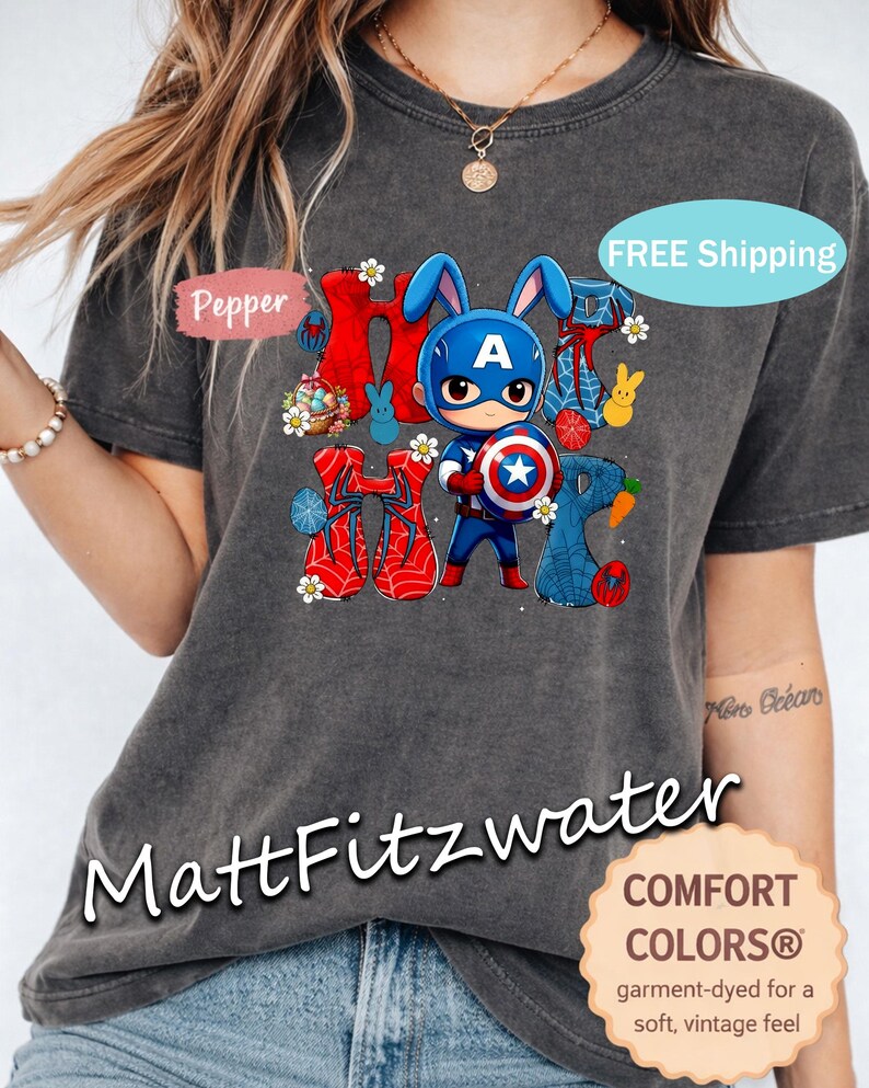 Maglietta pasquale da supereroe Capitan America Coniglio Spiderman Stile Maglietta da eroe pasquale per bambini Buona Pasqua Regalo ispirato alla Marvel immagine 2